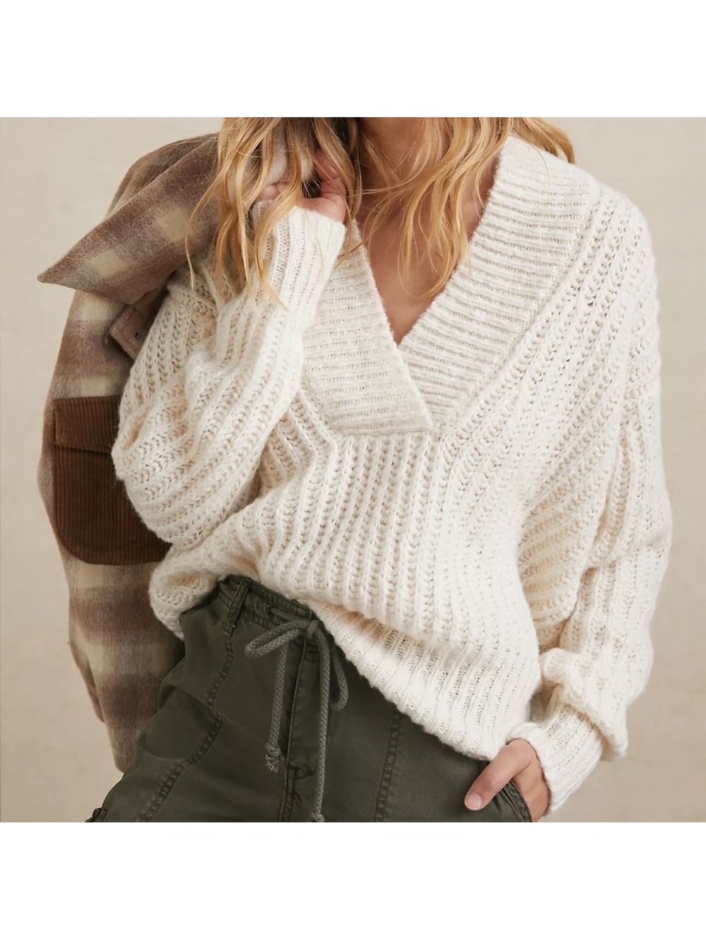 Anthropologie pilcro Joyce Cream V-Neck Ribbed Cable Knit Sweater